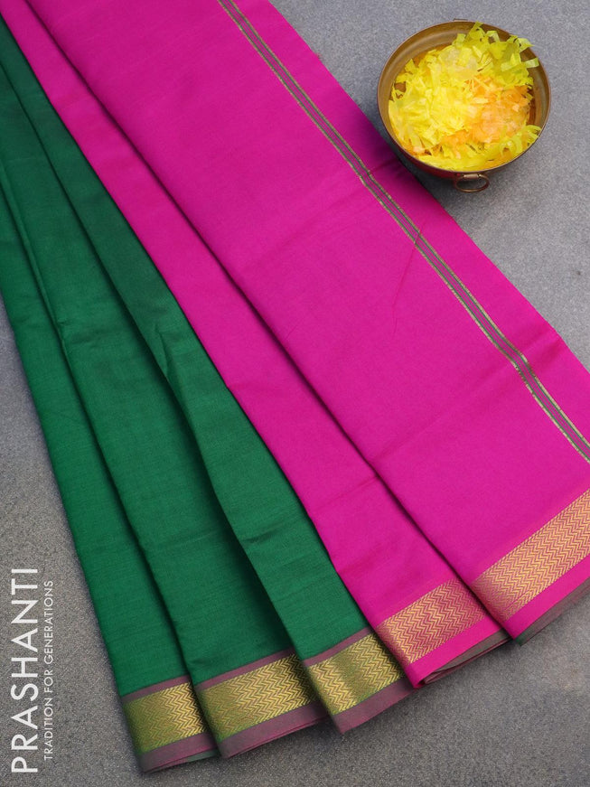 10 yards semi silk saree green and pink with plain body and small zari woven border without blouse - {{ collection.title }} by Prashanti Sarees