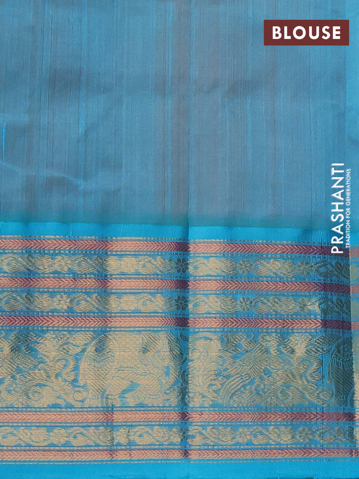 Kuppadam silk cotton saree orange and teal blue with allover small zari checked pattern and long zari woven border