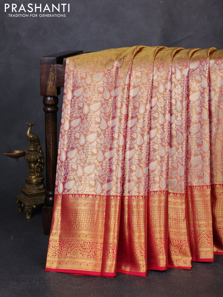 Pure kanchipuram tissue silk saree golden red and red with allover zari woven brocade weaves and rich zari woven border