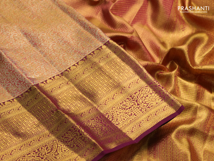 Pure kanchipuram tissue silk saree dual shade of gold and wine shade with allover zari woven geometric brocade weaves and rich zari woven border