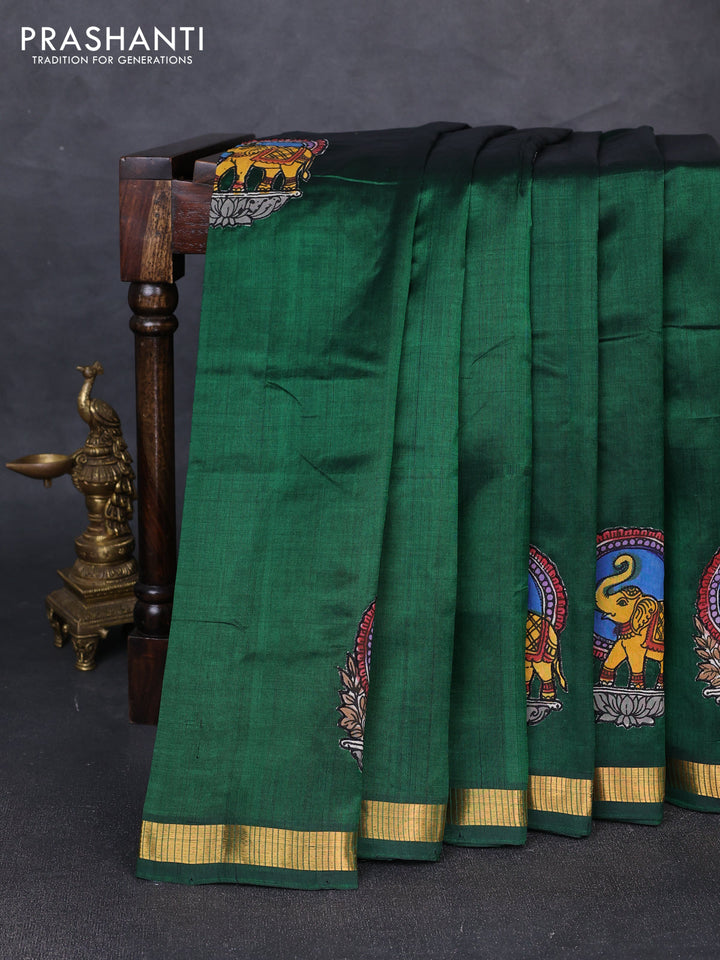 Silk cotton saree bottle green with kalamkari applique work and zari woven border