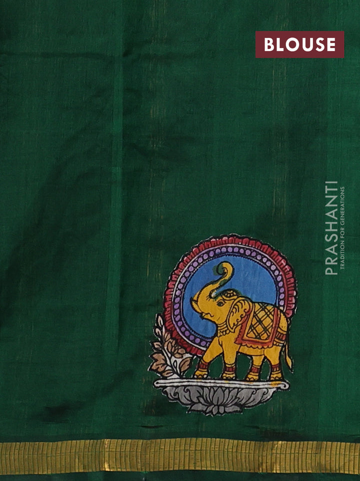 Silk cotton saree bottle green with kalamkari applique work and zari woven border