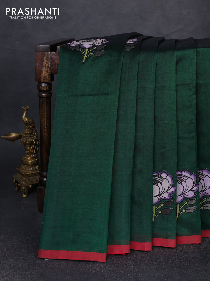 Silk cotton saree bottle green and red with kalamkari applique work and piping border