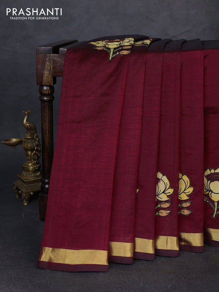 Silk cotton saree maroon with kalamkari applique work and zari woven border