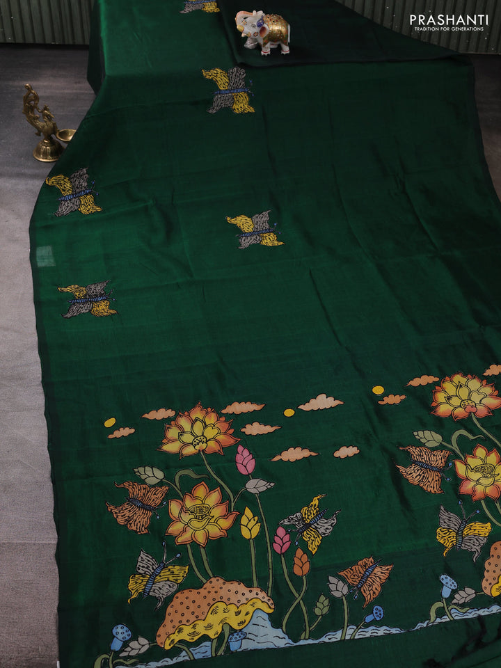 Silk cotton saree bottle green with kalamkari applique work in borderless style