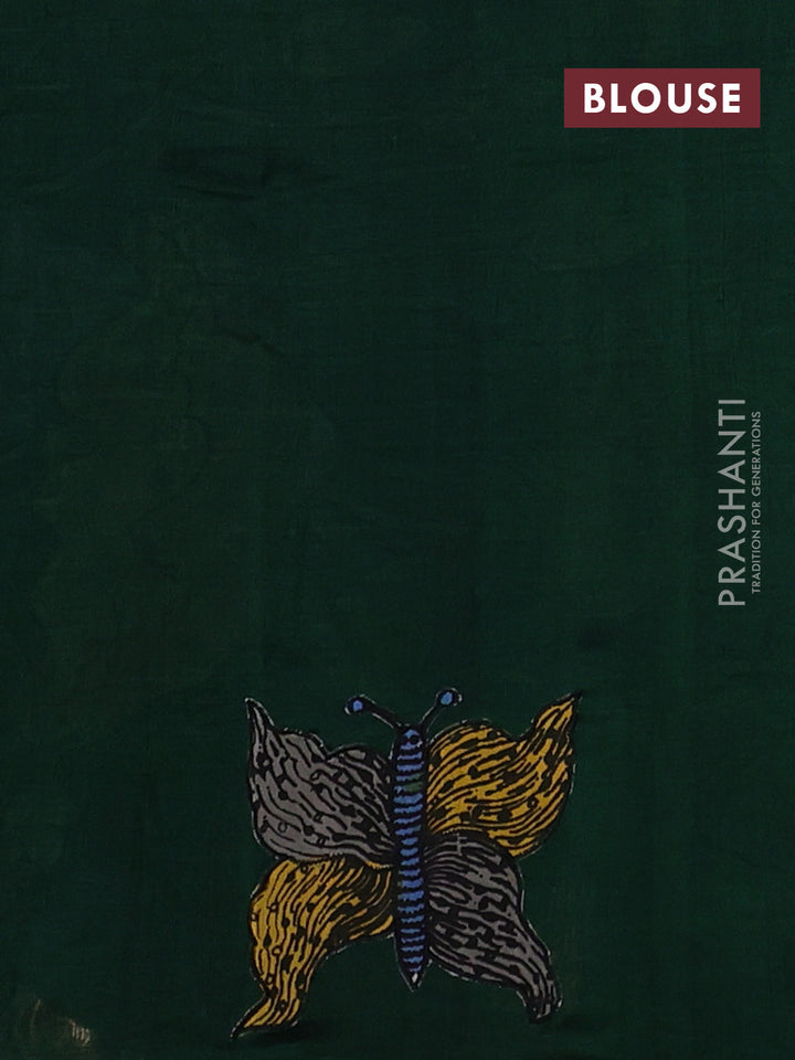 Silk cotton saree bottle green with kalamkari applique work in borderless style
