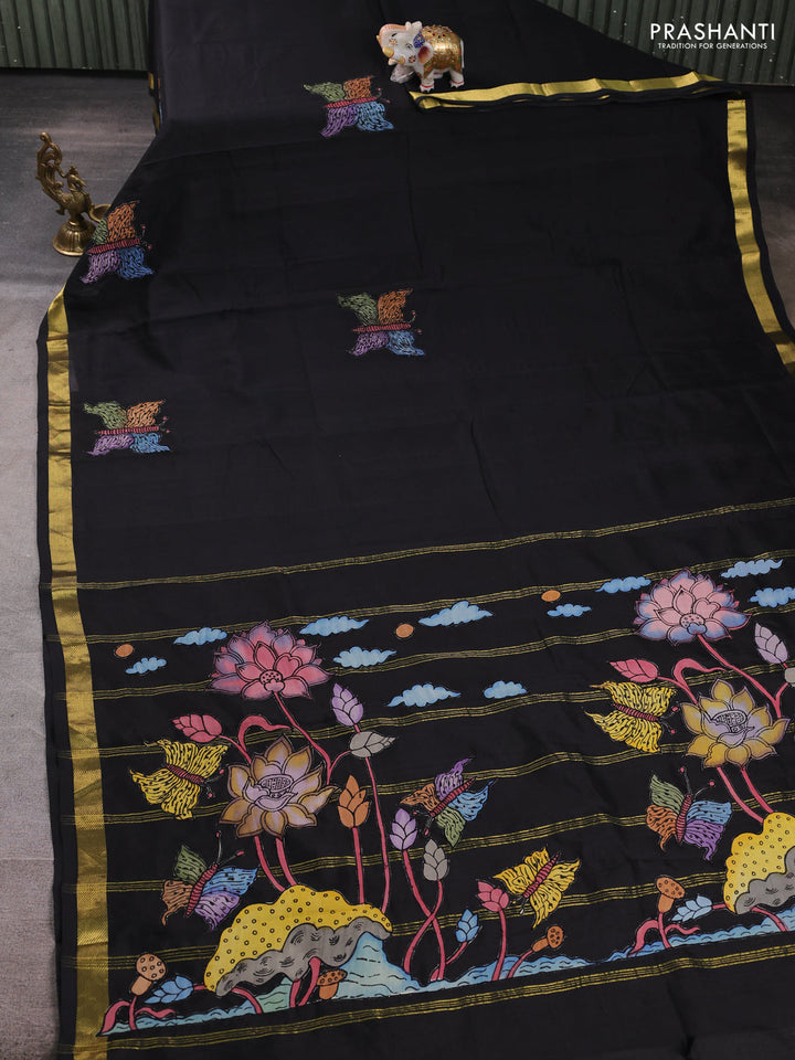 Silk cotton saree black with kalamkari applique work and zari woven border