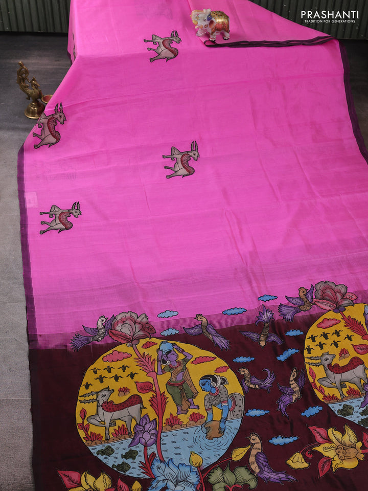 Silk cotton saree light pink and deep maroon with kalamkari applique work and piping border