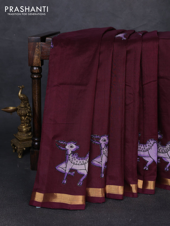 Silk cotton saree wine shade with kalamkari applique work and zari woven border