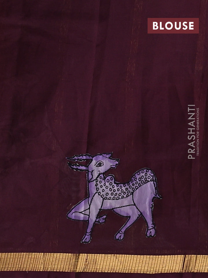 Silk cotton saree wine shade with kalamkari applique work and zari woven border