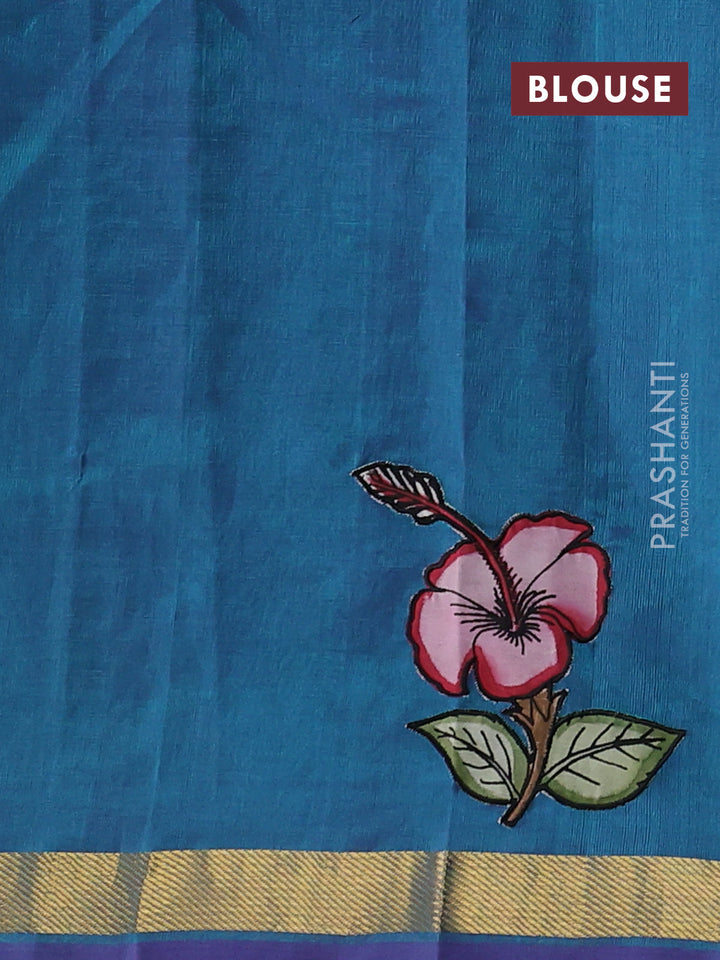 Silk cotton saree dual shade of peacock green with kalamkari applique work and zari woven border