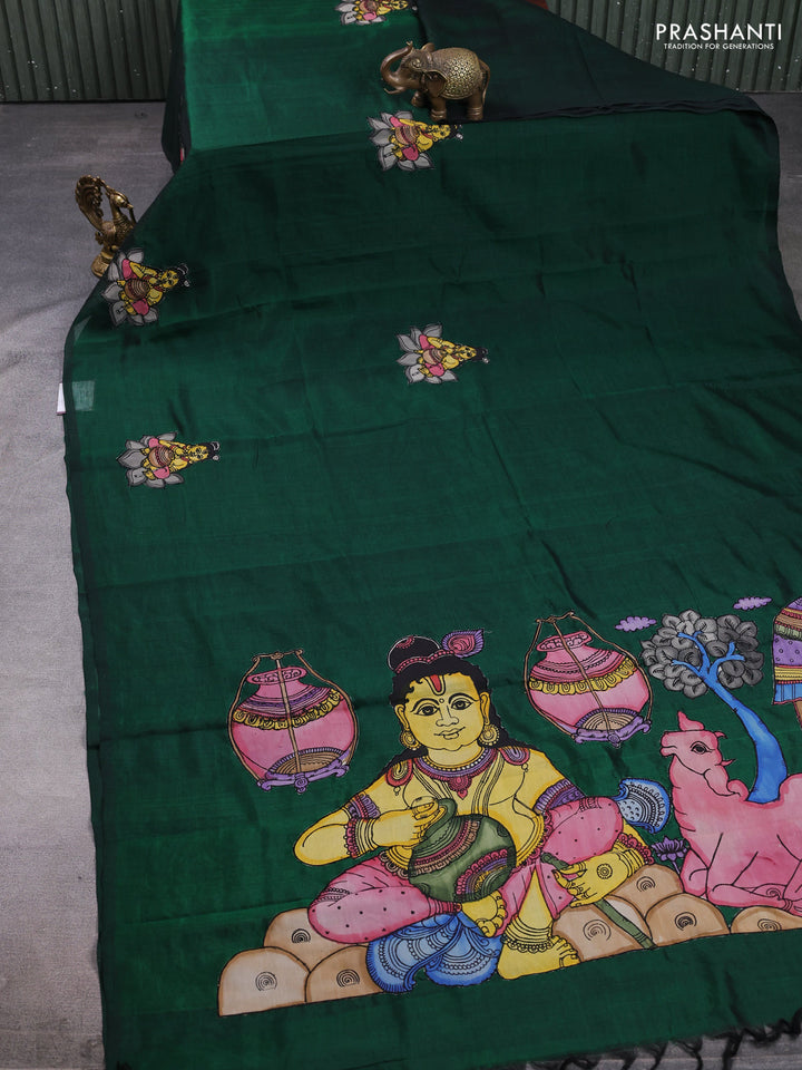 Silk cotton saree bottle green with kalamkari applique work in borderless style