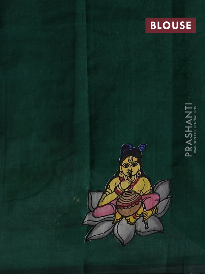 Silk cotton saree bottle green with kalamkari applique work in borderless style