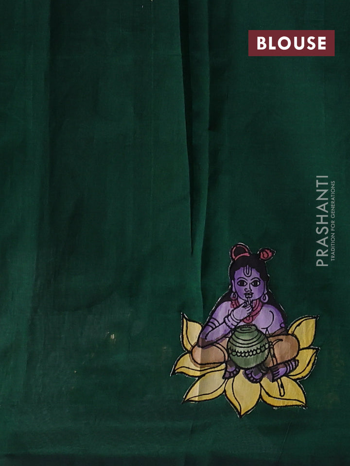 Silk cotton saree bottle green with kalamkari applique work in borderless style
