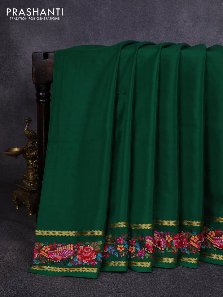 Pure mysore silk saree green with plain body and rettapet zari woven embroidery border