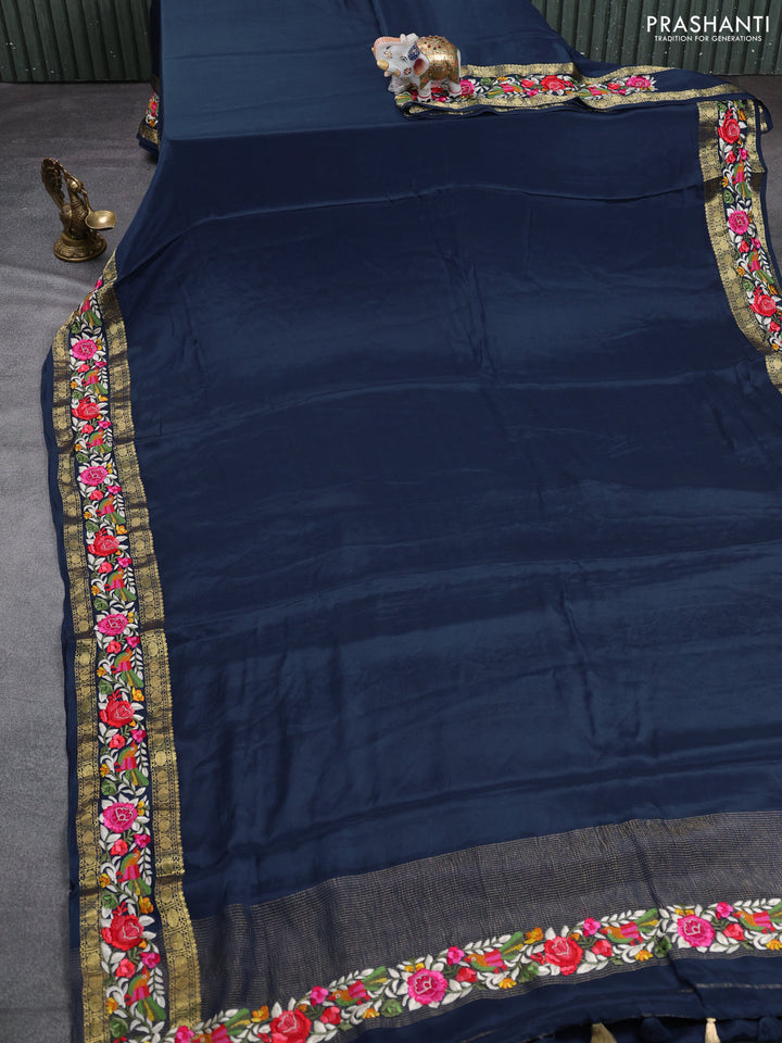 Pure mysore silk saree navy blue with plain body and rettapet zari woven embroidery border