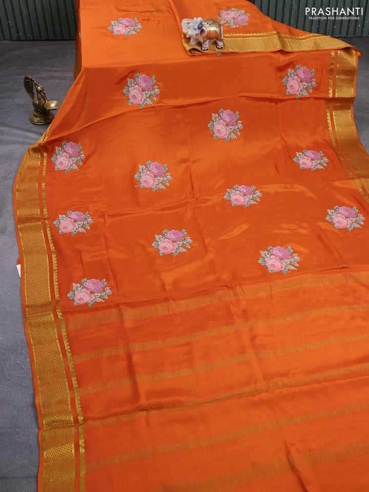 Pure mysore silk saree rust shade with floral convent embroidery buttas and zari woven embroidery butta border