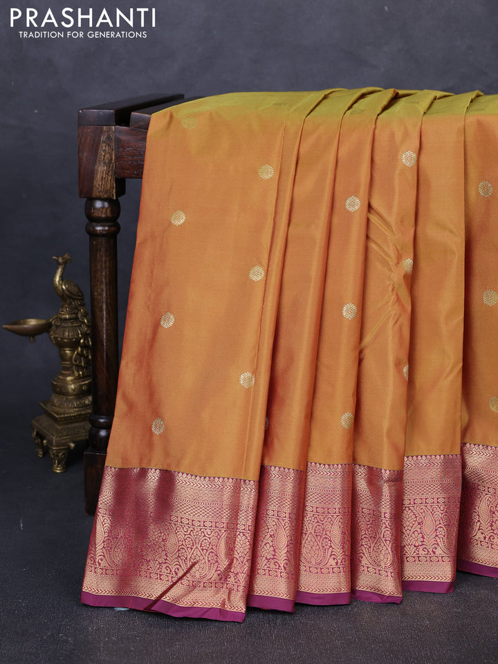 Bangalori silk saree mustard yellow and wine shade with allover zari woven buttas and zari woven border