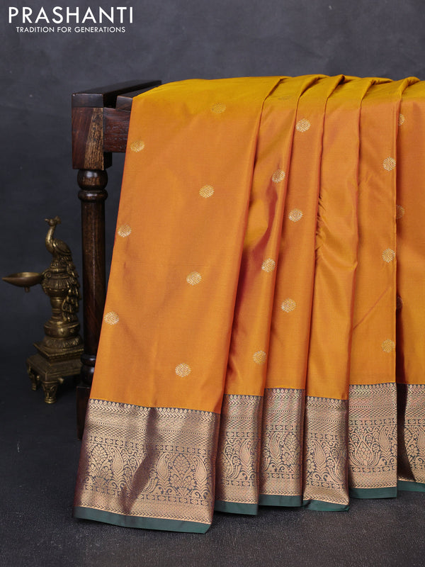 Bangalori silk saree mustard green and bottle green with allover zari woven buttas and zari woven border