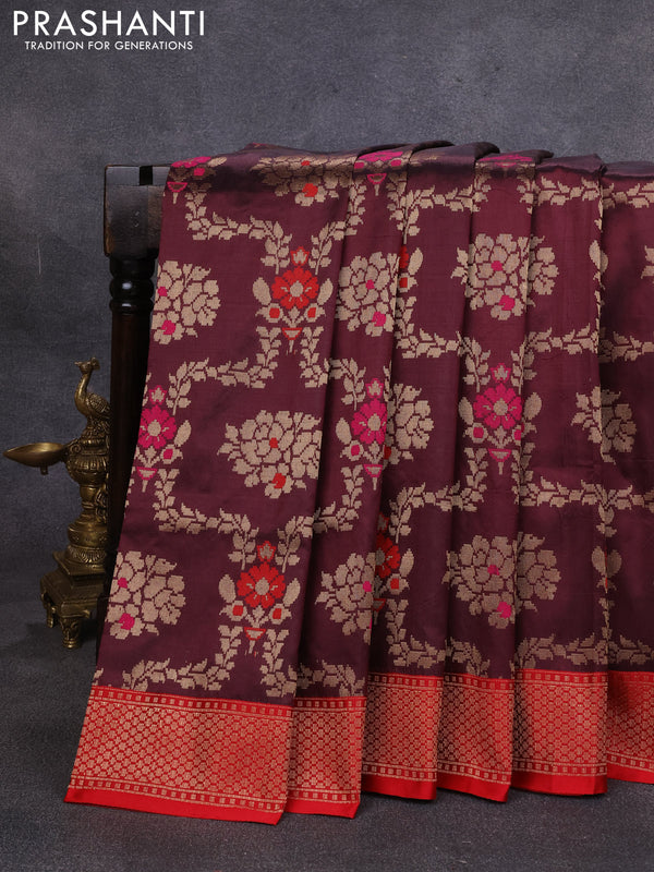 Banarasi katan silk saree deep wine and red with allover zari woven floral weaves and zari woven border