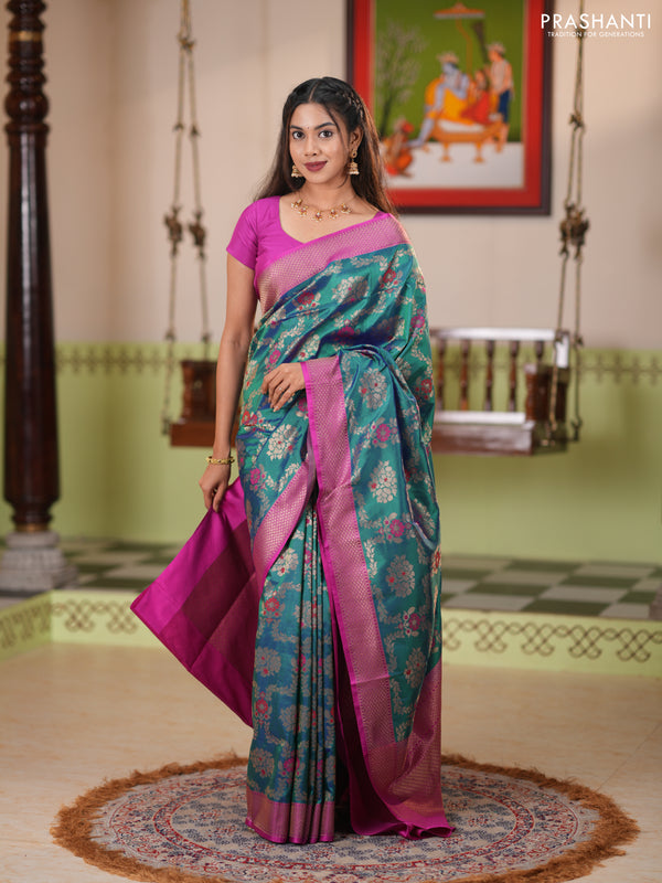 Banarasi katan silk saree dual shade of greenish blue and magenta pink with allover zari woven floral weaves and zari woven border