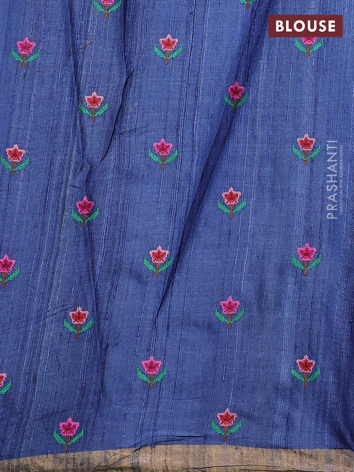 Pure tussar silk saree peacock blue with allover embroidery work and zari woven border