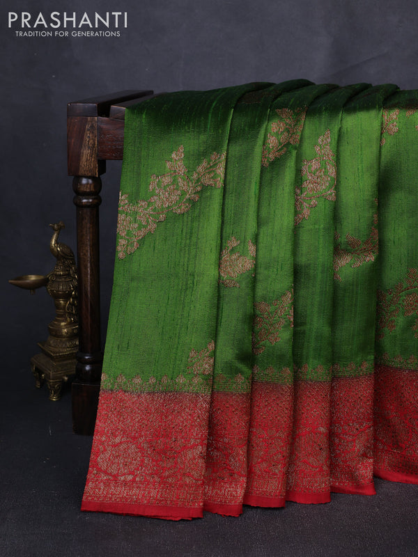 Banarasi raw silk saree light green and red with allover thread & zari woven weaves and thread & zari woven border
