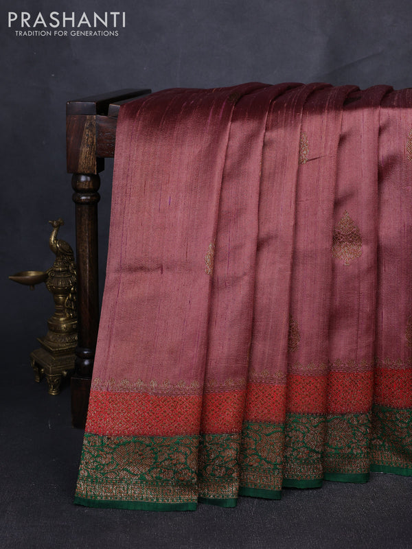 Banarasi raw silk saree rosy brown and green with thread & zari woven buttas and long thread & zari woven border