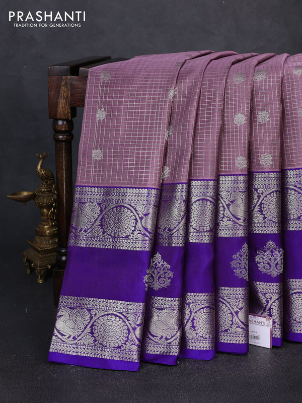 Venkatagiri silk saree rosy brown and royal blue with allover small zari checks & buttas and long rettapet zari woven border