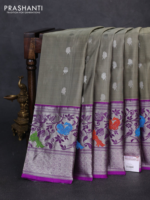 Venkatagiri silk saree pastel green and violet with allover zari woven buttas and long peacock design zari woven border
