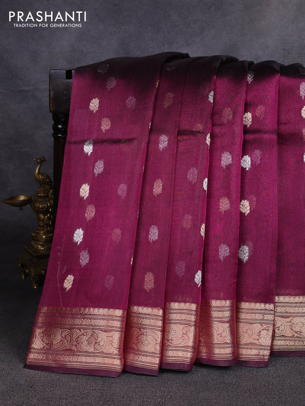 Banarasi tissue silk saree magenta pink with allover silver & zari woven buttas and zari woven border