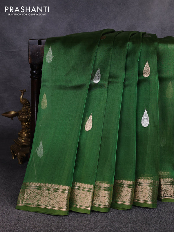 Banarasi tissue silk saree green with allover silver & zari woven buttas and zari woven border