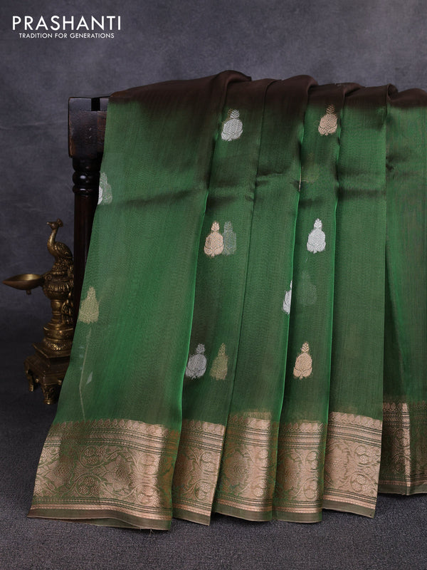 Banarasi tissue silk saree green shade with allover silver & zari woven buttas and zari woven border
