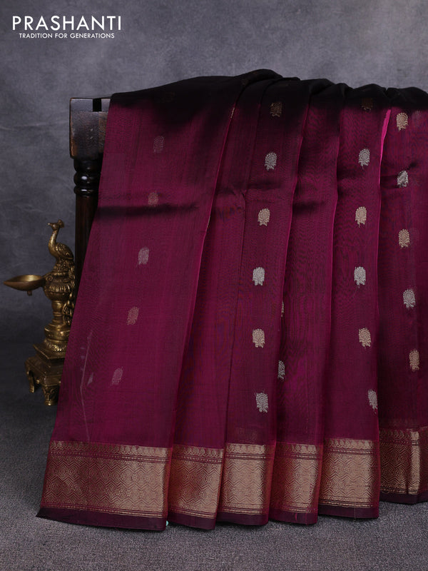 Banarasi tissue silk saree magenta pink with allover silver & zari woven buttas and zari woven border