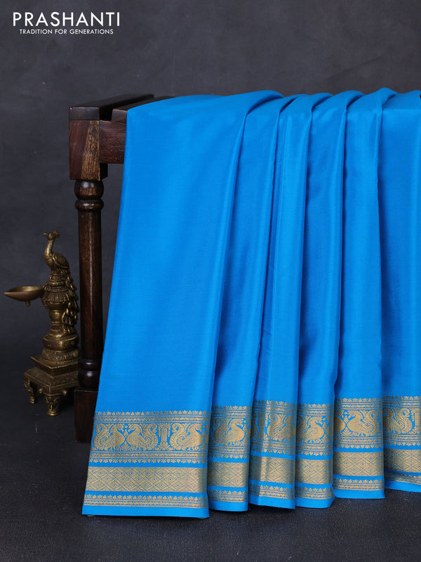 Pure mysore silk saree cs blue with plain body and zari woven border