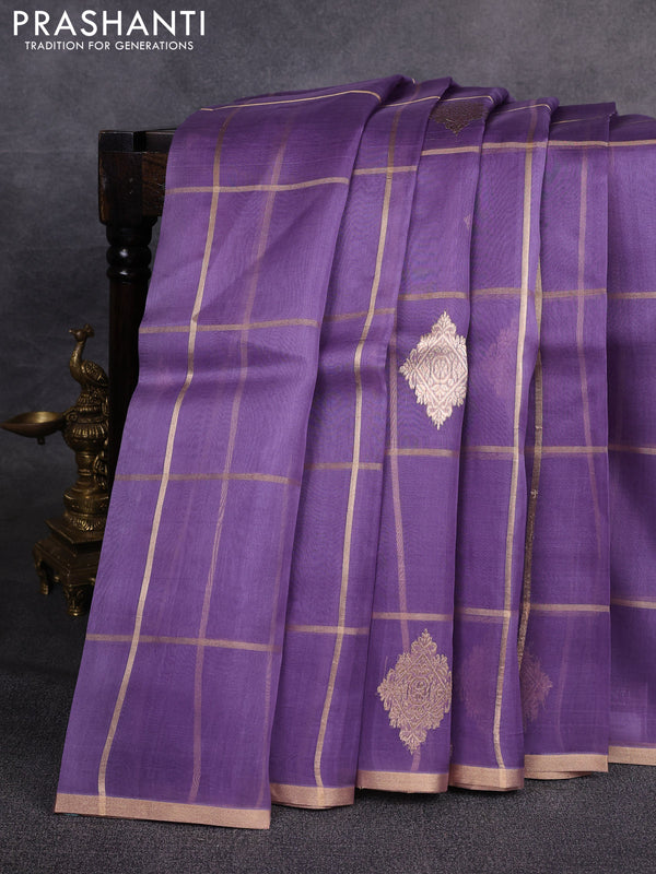 Banarasi organza saree lavender with allover zari checks & buttas and zari woven piping border