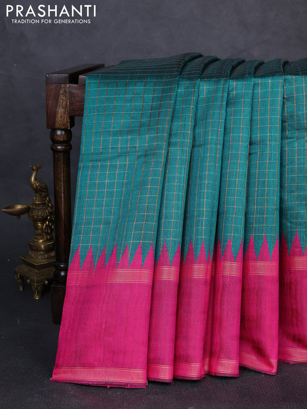 Pure dupion silk saree teal green and pink with allover zari checked pattern and temple design rettapet zari woven border