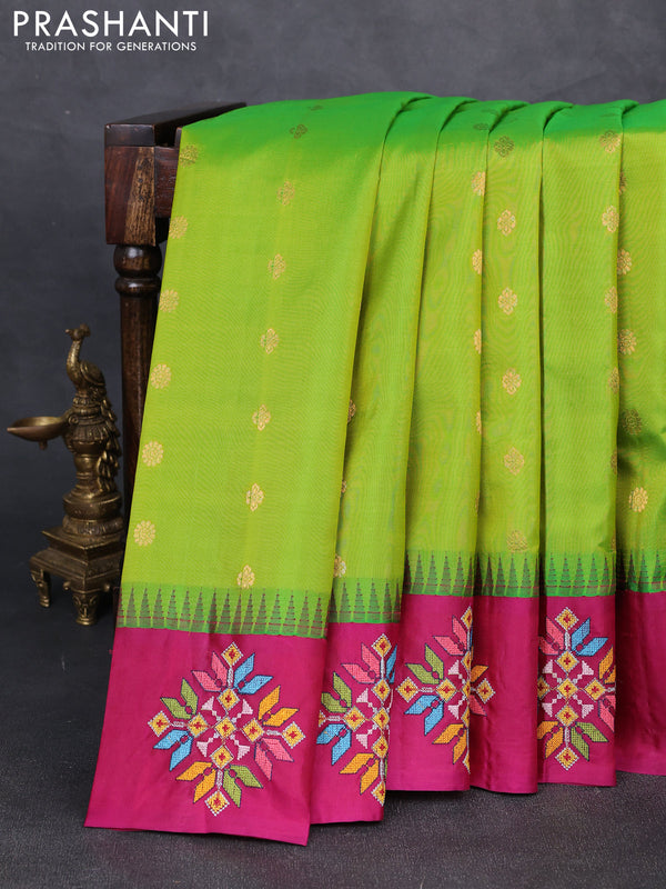 Pure gadwal silk saree light green and magenta pink with allover zari woven buttas and temple design convent embroidery