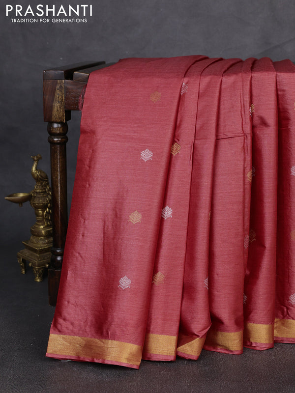 Banana silk saree maroon with allover silver & gold zari woven buttas and zari woven border