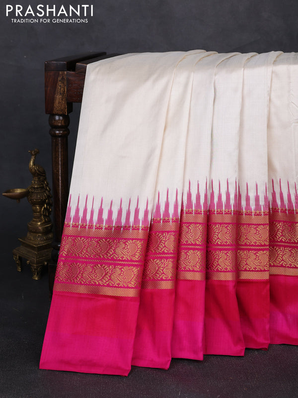 Pochampally silk saree off white and pink with plain body and zari woven simple border