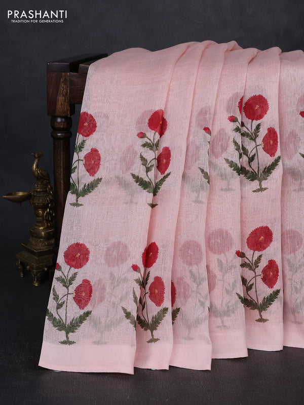 Pure linen silk saree mild peach with floral digital butta prints and simple border