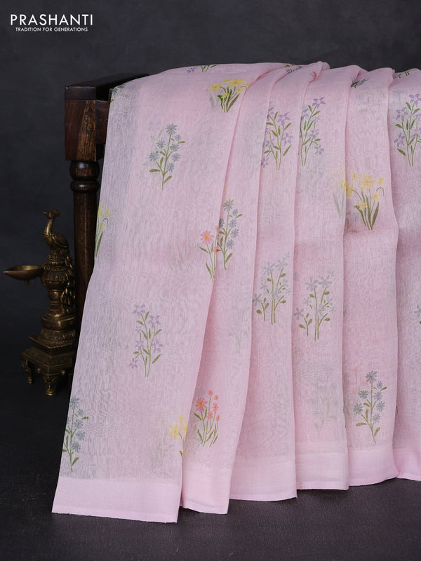 Pure linen silk saree light pink with floral digital butta prints and simple border
