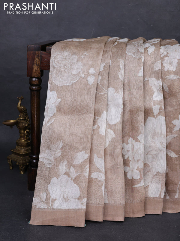 Pure linen silk saree pastel brown with floral digital prints and simple border