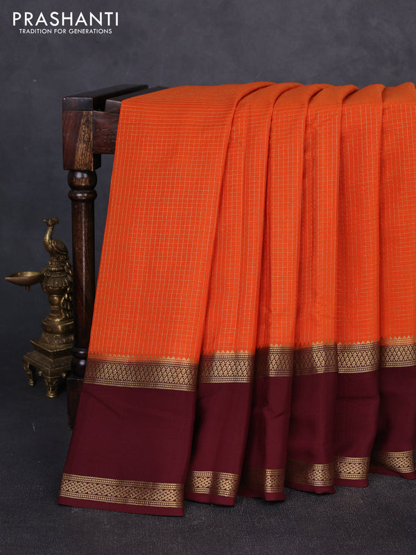 Pure mysore silk saree rust shade and coffee brown with allover small zari checked pattern and rettapet zari woven border