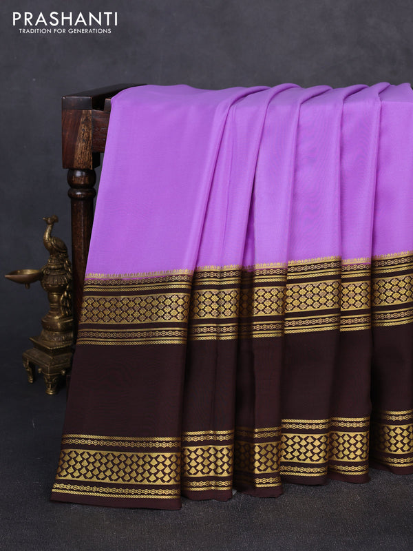 Pure mysore silk saree lavender and coffee brown with plain body and rettapet zari woven border