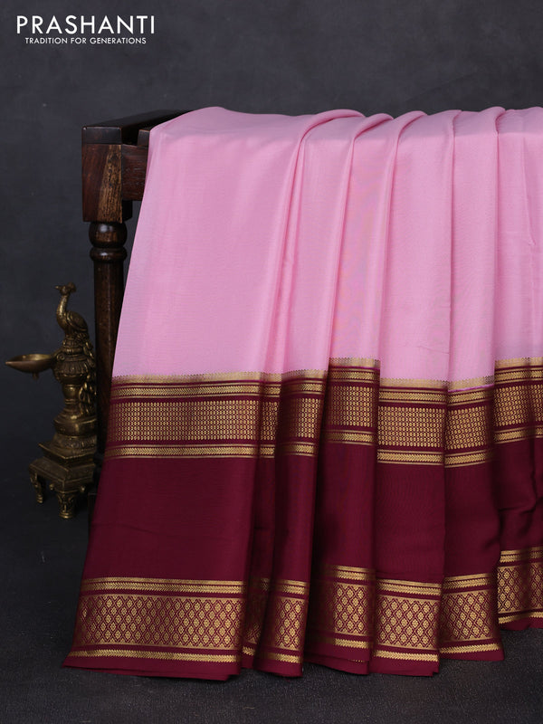 Pure mysore silk saree pastel pink and deep wine with plain body and rettapet zari woven border