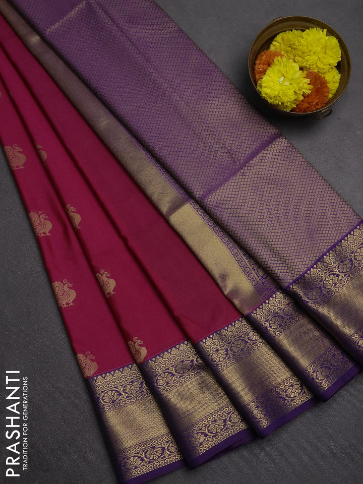 Semi soft silk saree pink and purple with allover zari woven buttas and zari woven border