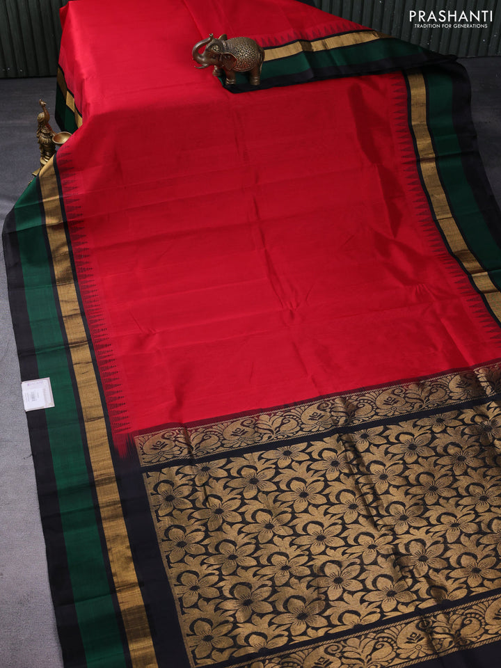 Kuppadam silk cotton saree red and black with plain body and temple design zari woven simple border
