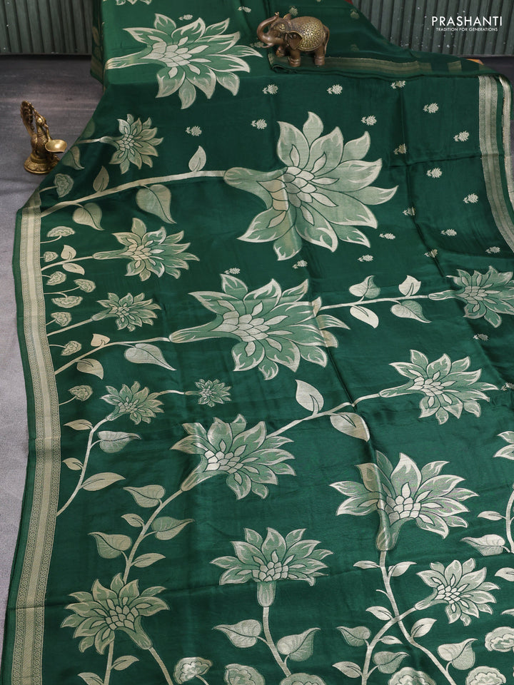 Banarasi art silk saree green with allover floral zari woven brocade weaves and zari woven border