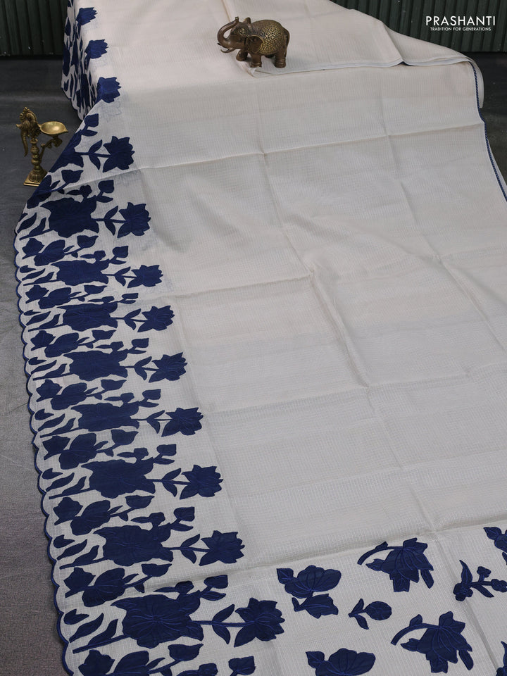 Kota saree beige and peacock blue with floral applique work